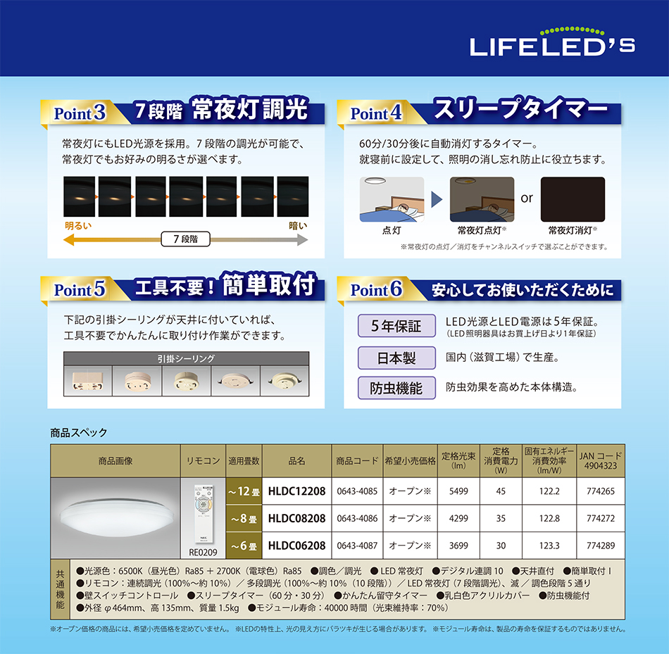 NEC HLDC08208 [LEDシーリングライト (～８畳/調色・調光/昼光色・電球色) リモコン有]
