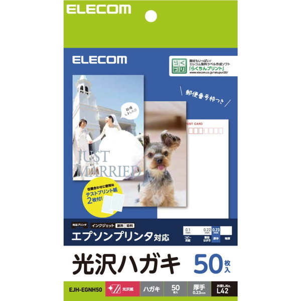 ELECOM EJH-EGNH50 ハガキ用紙 光沢 厚手 エプソン用 50枚 OA用紙
